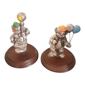 Silver Pewter Clown Figurines w/  Balloons Ball Hat George Good Wood Base